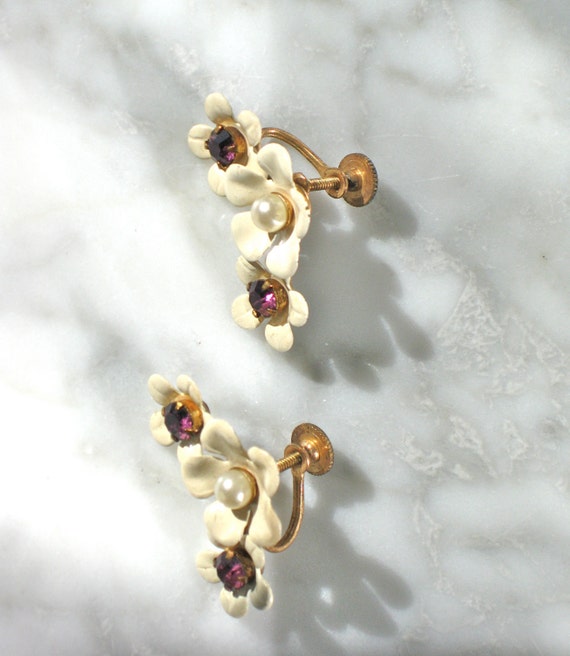 Vintage Amethyst Earrings Flower Faux Screw Back … - image 5