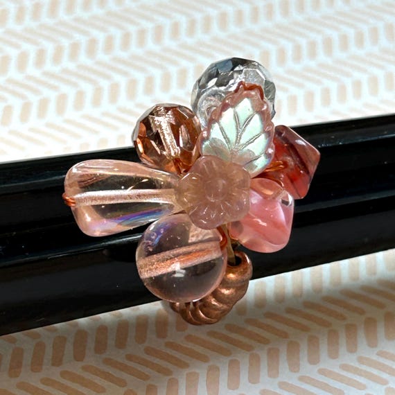 Copper Stretch Ring: Pink Flower & Leaf Beads, Ad… - image 8