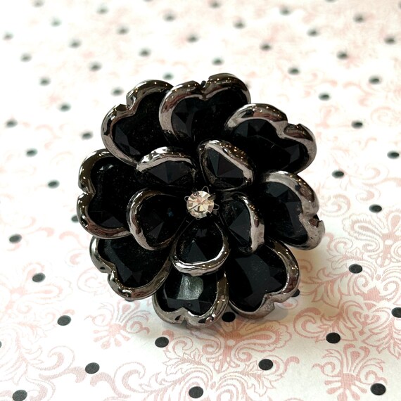 Black stretchable Ring glass cluster flower large… - image 10