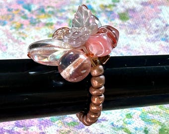 Copper Stretch Ring: Pink Flower & Leaf Beads, Adjustable Band