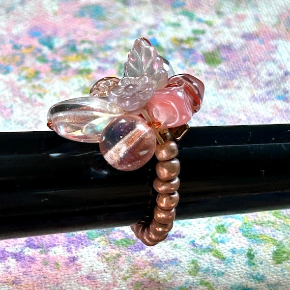 Copper Stretch Ring: Pink Flower & Leaf Beads, Ad… - image 1