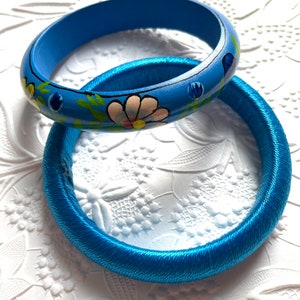 Set of bangles in bright blue from 1970s hand painted flowers and shiny thread gift idea for teen