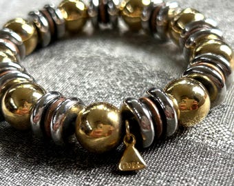 Liz Claiborne bracelet gold ball beads with silver and copper stretchable non magnetic faux