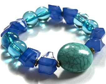 Cobalt Blue Beaded Bracelet: Faux Turquoise, Boho Stretch Jewelry