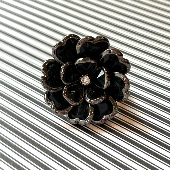 Black stretchable Ring glass cluster flower large… - image 3