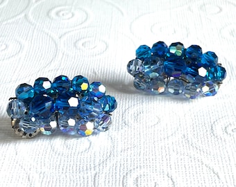 Vintage Blue Aurora Borealis wired crystal clip on earrings