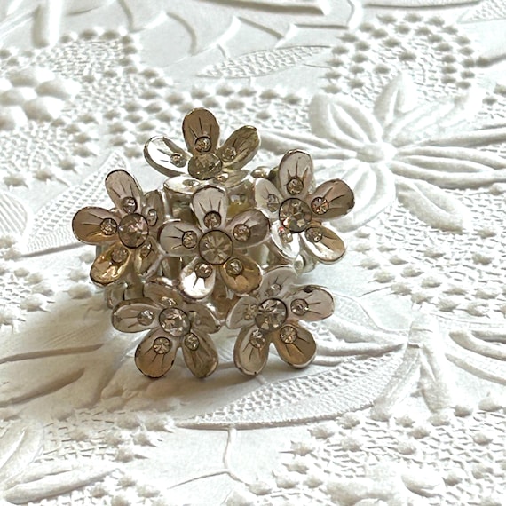 Silver Flower Stretch Ring: Rhinestone Center, Bo… - image 9