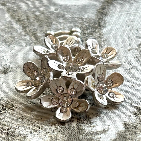 Silver Flower Stretch Ring: Rhinestone Center, Bo… - image 1