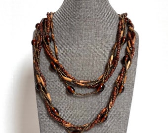 Long wood bead four strand necklace