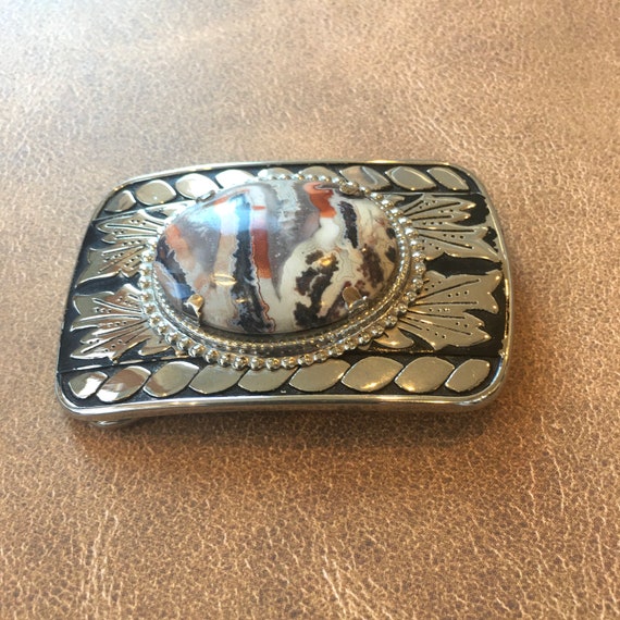 Western belt buckle with Jasper Agate Silver tone… - image 4