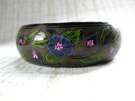 1970s Black bangle bracelet boho wood with handpa… - image 1