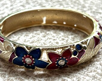 Enamel bracelet Jiu Long Xing blue maroon and gold tone flowers hinged non magnetic
