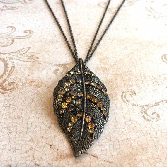 Long bronze tone leaf necklace with dragonflies a… - image 2