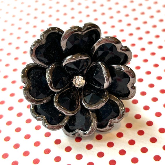 Black stretchable Ring glass cluster flower large… - image 4