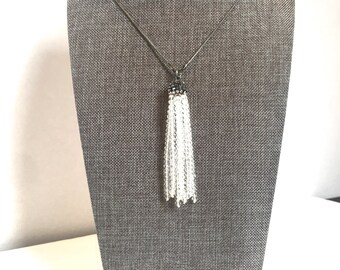 Clear Tassel Necklace with dark chain and glass crystal beads 34 inch