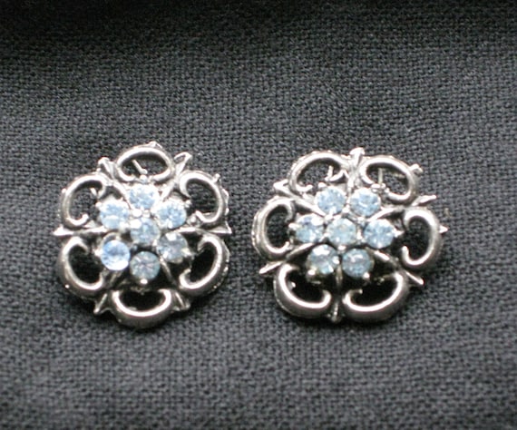 Vintage Blue Clip on Earrings, Periwinkle Rhinest… - image 1