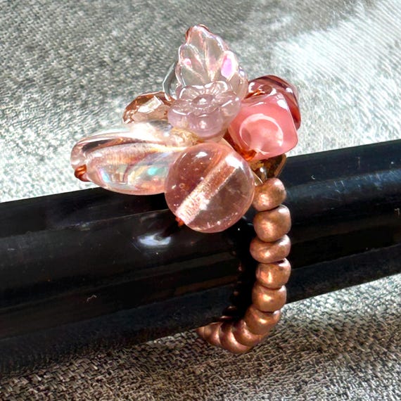 Copper Stretch Ring: Pink Flower & Leaf Beads, Ad… - image 7