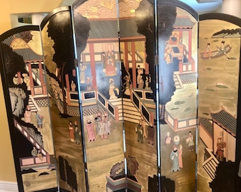 Biombo chino antiguo de 6 paneles plegables pintados de Coromandel