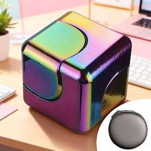 May include: A multi-colored, iridescent cube-shaped fidget toy. The cube has curved cutouts on each side and a smooth, metallic finish. The colors shift from purple to green to yellow, creating a rainbow effect. A small, round, black zippered case is in the lower right corner.