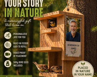 名入れバードフィーダーギフト、自然の中にあなたの名前を刻む、動画証明付きカスタムバードハウス、ユニークな自然ギフト、野生動物への寄付アイデア
