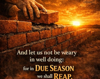 Könnte beinhalten: Ein digitaler Druck mit einer Ziegelmauer im Bau bei Sonnenuntergang. Der Text lautet: GALATIANS 6:9 KJV. And let us not be weary in well doing: for in DUE SEASON we shall REAP, if we FAINT NOT. Das Bild zeigt warme orange und braune Töne.