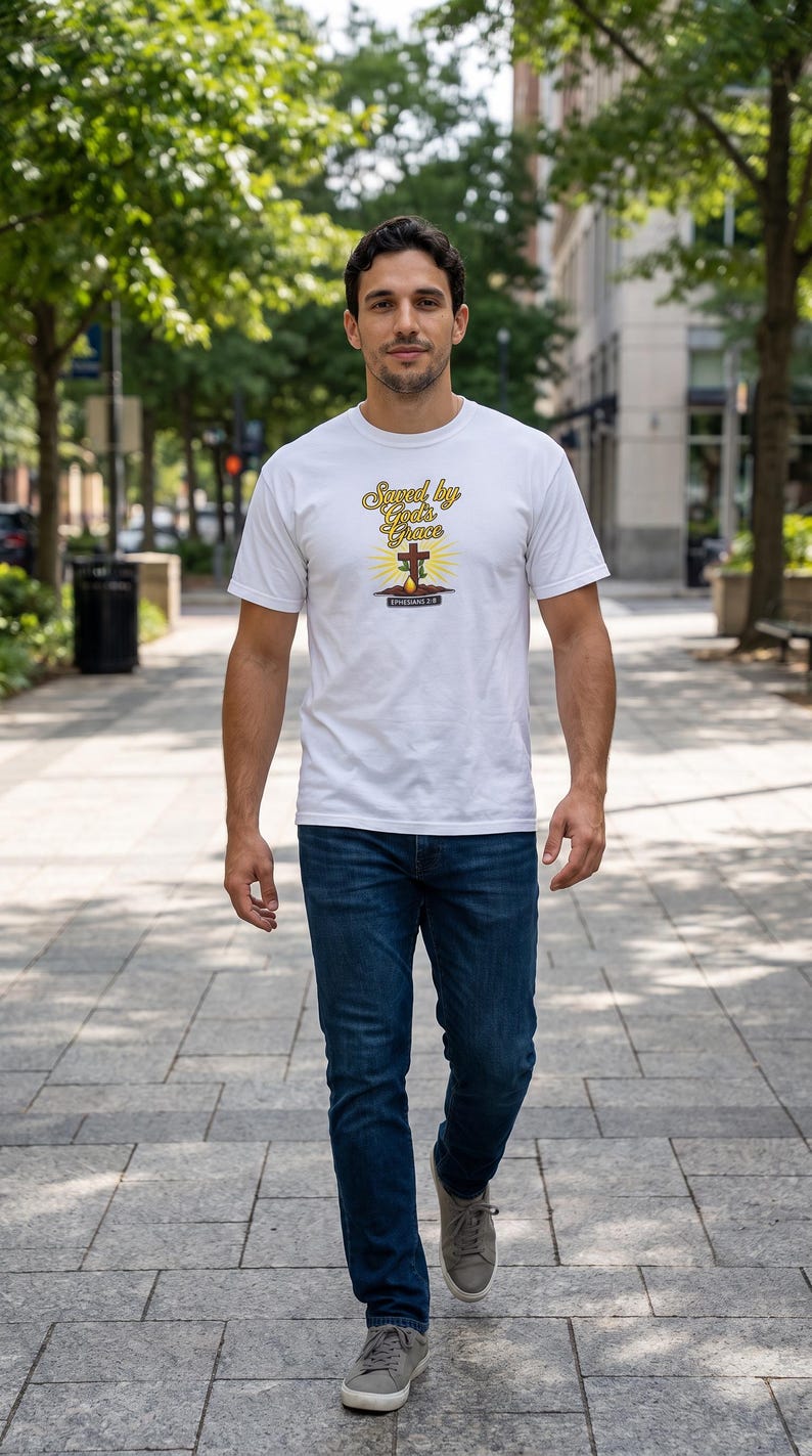 Puede incluir: Una camiseta blanca de manga corta con un estampado gr&aacute;fico que incluye el texto Saved by God's Grace, una cruz de madera marr&oacute;n, una forma de gota amarilla y el texto EPHESIANS 2:8, combinada con vaqueros azul oscuro y zapatillas grises.
