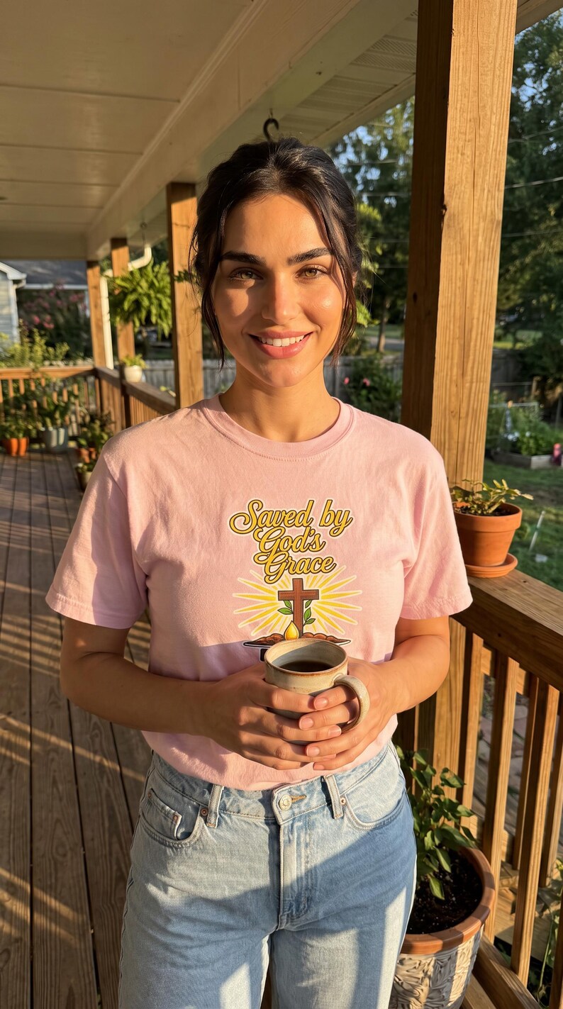 Puede incluir: Una camiseta de manga corta de color rosa claro con el texto "Saved by God's Grace" en una fuente cursiva amarilla sobre un gr&aacute;fico de una cruz marr&oacute;n, un peque&ntilde;o brote verde y un sol amarillo, combinada con unos vaqueros azul claro.