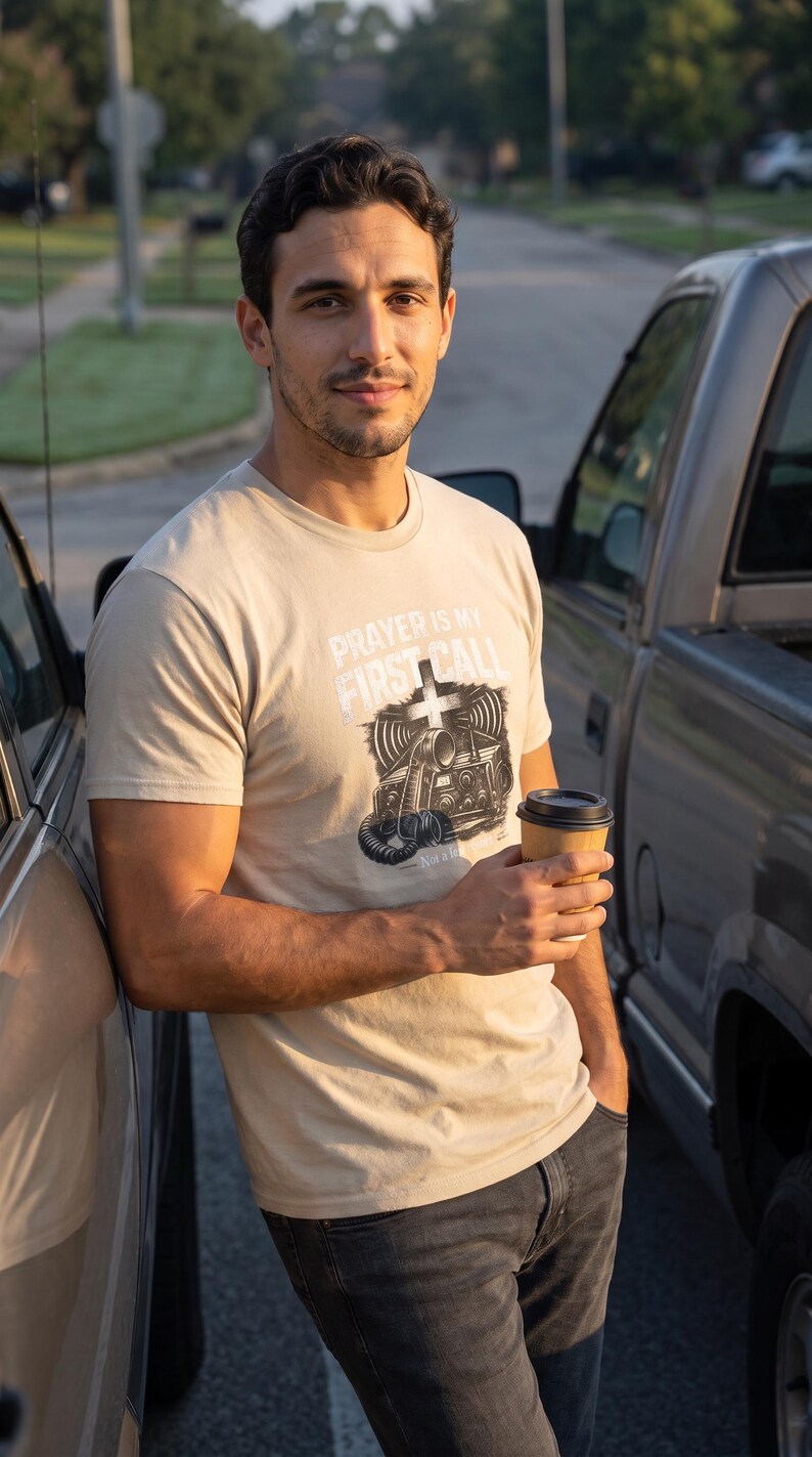 Puede incluir: Una camiseta beige de manga corta con un estampado gr&aacute;fico de una radio antigua y una cruz. El texto PRAYER IS MY FIRST CALL est&aacute; impreso en blanco sobre la ilustraci&oacute;n. La camiseta tiene cuello redondo y un corte est&aacute;ndar de algod&oacute;n.