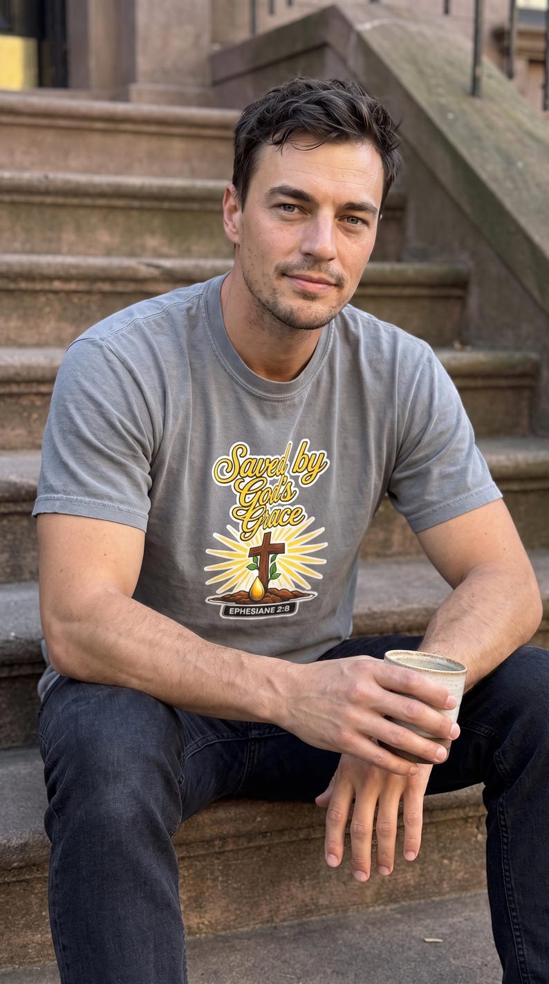 Puede incluir: Una camiseta gris de manga corta con un estampado gr&aacute;fico que incluye el texto "Saved by God's Grace" en letra cursiva amarilla, una cruz marr&oacute;n, una planta verde, una gota dorada y el texto "EPHESIANS 2:8" en un recuadro negro.