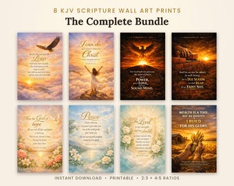 Könnte beinhalten: Eine Sammlung von acht KJV-Schrift-Wandkunstdrucken mit dem Titel The Complete Bundle. Jeder rechteckige Druck zeigt religiöse Texte, die über lebendige, szenische Bilder wie Adler, Sonnenaufgänge, Landschaften und Blumenarrangements gelegt sind.