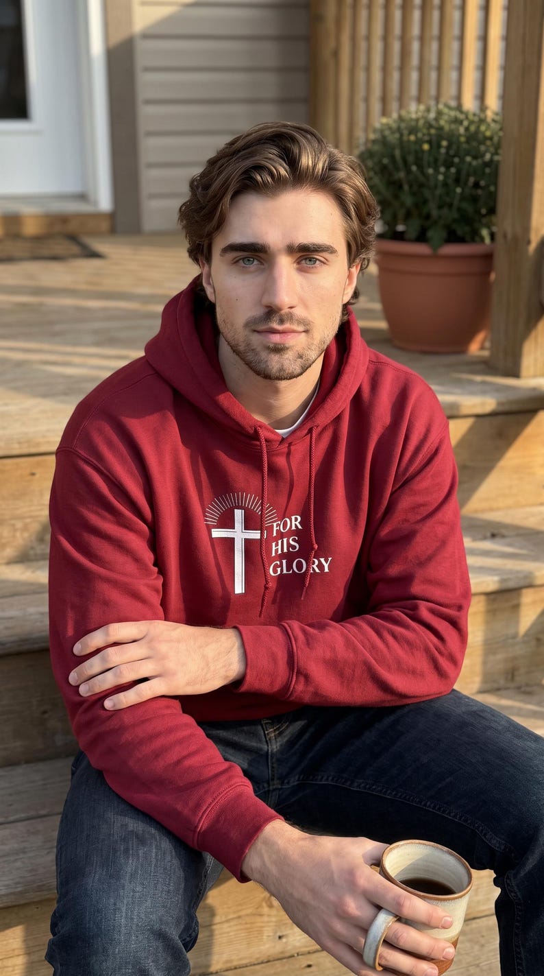 May include: A maroon hooded sweatshirt featuring a white graphic of a cross with radiating lines above it and the text FOR HIS GLORY printed to the right of the cross. The hoodie has long sleeves, a front pocket, and matching maroon drawstrings.