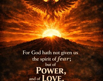 Könnte beinhalten: Ein digitaler Kunstdruck mit einem feurigen Phönix, der über einem sonnenbeschienenen Berggipfel aufsteigt. Der Text lautet: 2 TIMOTHY 1:7 KJV. For God hath not given us the spirit of fear; but of POWER, and of LOVE, and of a SOUND MIND. Farben: Orange, Rot, Schwarz.