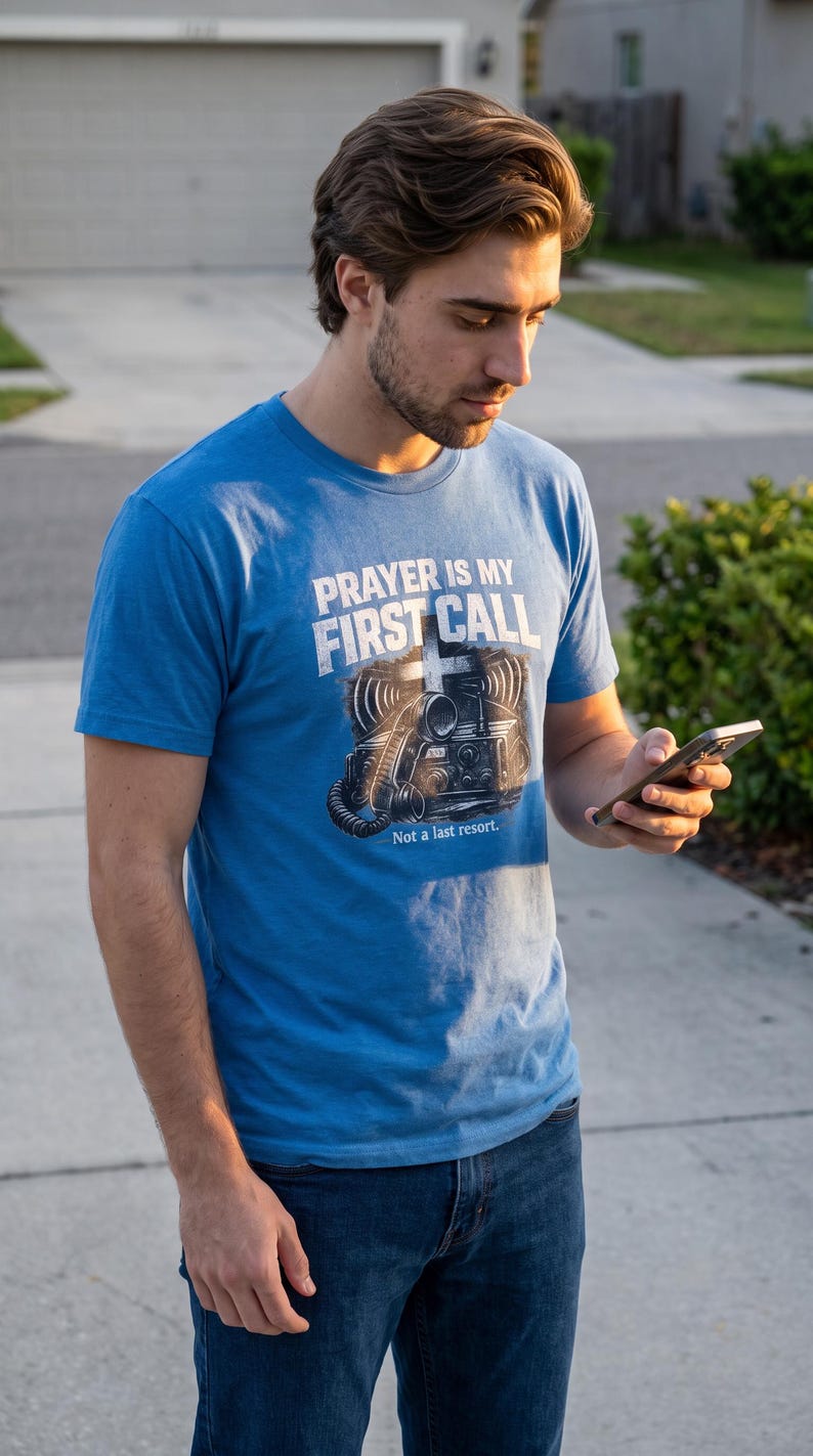Puede incluir: Una camiseta azul de manga corta con un gr&aacute;fico de una radio antigua y una cruz. El texto dice PRAYER IS MY FIRST CALL y Not a last resort. El dise&ntilde;o est&aacute; impreso en tinta blanca y negra en la parte delantera de la camiseta de algod&oacute;n.