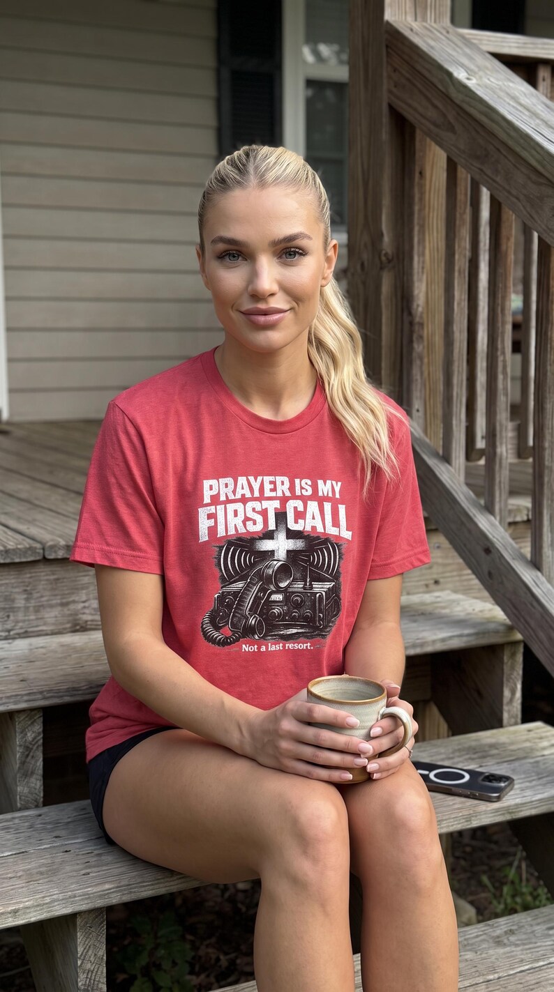 Puede incluir: Una camiseta roja de manga corta con un gr&aacute;fico de una radio y una cruz, junto al texto en blanco PRAYER IS MY FIRST CALL y Not a last resort. La prenda cuenta con cuello redondo, una textura jaspeada y una detallada ilustraci&oacute;n negra.