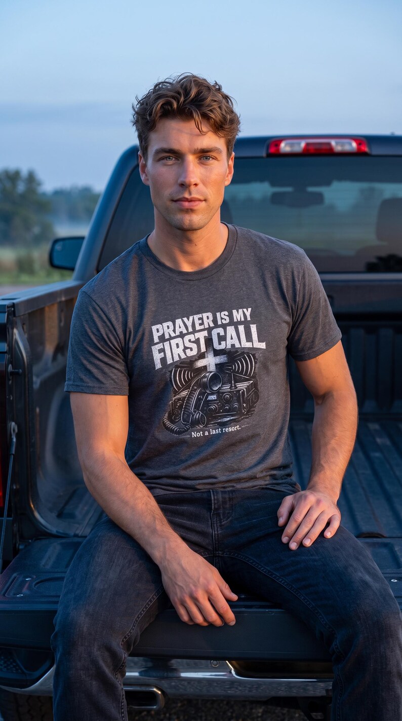 Puede incluir: Una camiseta de manga corta gris carb&oacute;n con el texto blanco PRAYER IS MY FIRST CALL sobre un gr&aacute;fico de un transmisor de radio antiguo con un s&iacute;mbolo de cruz y el texto Not a last resort impreso debajo de la ilustraci&oacute;n de radio.