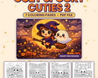 Könnte beinhalten: Eine digitale Sammlung mit dem Titel COZY SPOOKY CUTIES 2, die 7 Ausmalbilder in einer PDF-Datei enthält. Die Hauptgrafik zeigt eine Hexe auf einem Besen mit einem Geist, Kürbissen und Häusern unter einem Vollmond. Vier schwarz-weiße Strichzeichnungen zeigen verschiedene Halloween-Szenen mit Charakteren.