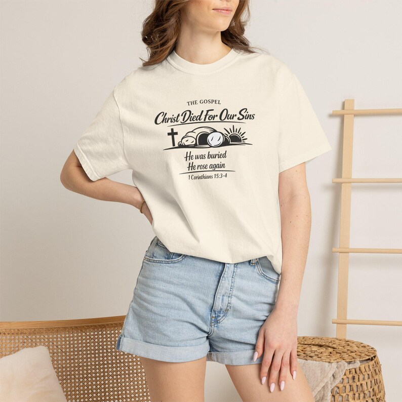 The Gospel Christian Shirt | 1 Corinthians 15:3-4 Bible Verse Tee | Resurrection Faith T-Shirt | Cross Christian Apparel image 5
