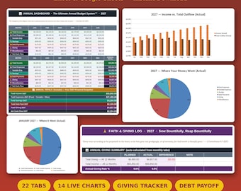 Könnte beinhalten: Eine digitale 2027 Christian Budgetplaner-Vorlage für Excel und Google Sheets. Sie enthält ein Jahres-Dashboard mit monatlichen Finanztabellen, Balkendiagrammen zum Vergleich von Einnahmen und Ausgaben, Tortendiagrammen und einem Spendenprotokoll.