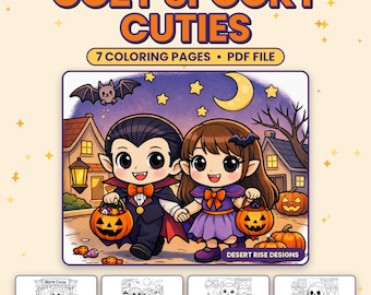 Könnte beinhalten: Ein digitales Malbuch-Set mit dem Titel COZY SPOOKY CUTIES mit 7 PDF-Malvorlagen. Das Hauptbild zeigt einen Cartoon-Vampir und eine Hexe, die Kürbis-Eimer in einer nächtlichen Nachbarschaft mit einer Mondsichel und Sternen in den Händen halten.