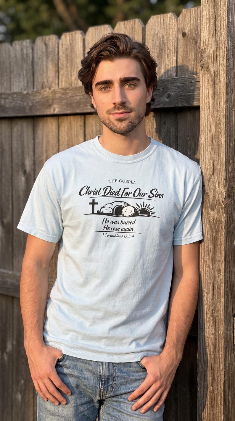 May include: A light blue short-sleeved t-shirt featuring black text that reads THE GOSPEL Christ Died For Our Sins, followed by a graphic of a cross, an open tomb, and a sunrise, with the text He was buried He rose again 1 Corinthians 15:3-4.