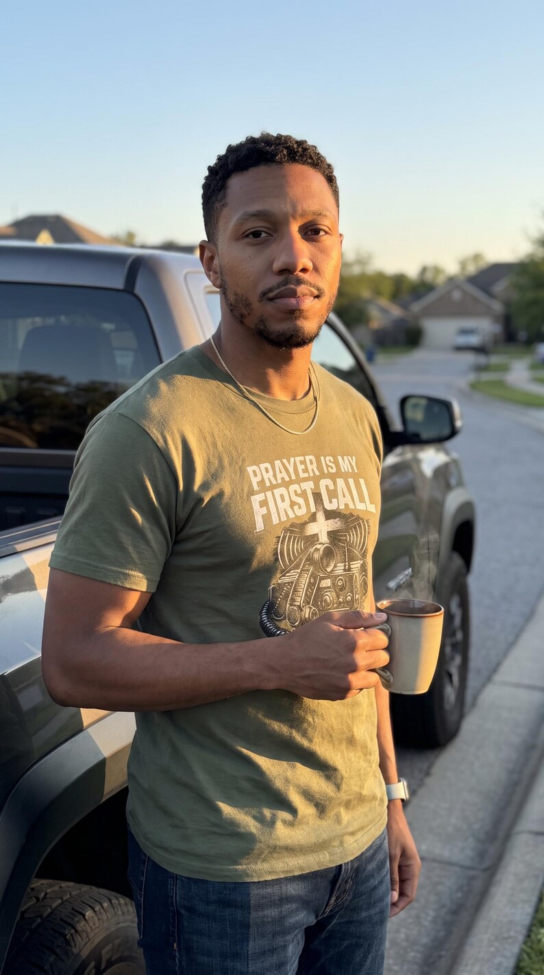 Puede incluir: Una camiseta de manga corta color verde oliva con el texto blanco PRAYER IS MY FIRST CALL sobre una ilustraci&oacute;n gr&aacute;fica de una radio antigua y una cruz. La camiseta se lleva con un collar de cadena de plata fina y vaqueros azules.