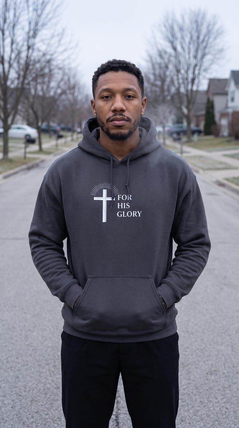 May include: A charcoal gray hooded sweatshirt featuring a white graphic of a cross with radiating lines above it and the text FOR HIS GLORY printed to the right. The hoodie includes a front kangaroo pocket and matching drawstring cords.