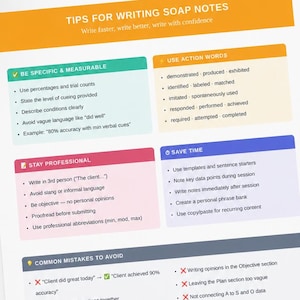 May include: A white paper titled "TIPS FOR WRITING SOAP NOTES" with colored boxes containing writing tips. A stethoscope, pen, and clipboard are on the white surface. A small green plant is in the upper left corner.