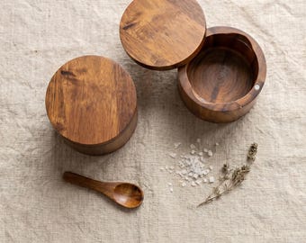Acacia Wood Salt Cellar with Lid and Spoon, Handcrafted Kitchen Container