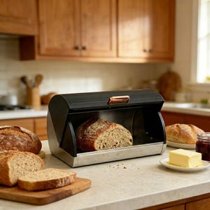 May include: A black and silver bread box with a copper-colored handle, holding a loaf of bread. Sliced bread and whole loaves are on a wooden cutting board and countertop. Butter and jam are also on the counter.