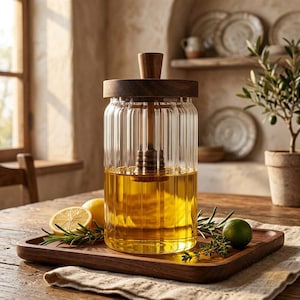 Puede incluir: Un tarro de miel de vidrio transparente con tapa y cucharón de madera, lleno de miel dorada. El tarro está sobre una bandeja de madera con limones, romero y una lima. El fondo incluye una mesa de madera, ventana y estantes decorativos.