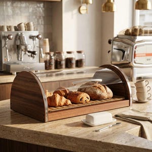 May include: A wooden bread display case with a clear, arched lid. Inside are croissants, a loaf of bread, and a roll. A white butter dish and knife sit on the counter. A coffee machine and cups are in the background.