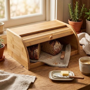 May include: A bamboo bread box with a roll-top lid, holding a loaf of sliced bread. A knife and a pat of butter on a small plate are also visible. The box is on a wooden surface near a window.