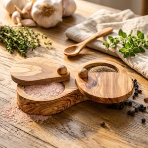 Wood Salt Pepper Cellar, Double Spice Box, Wooden Salt Container