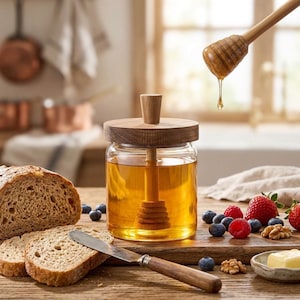 Puede incluir: Un tarro de miel de vidrio con tapa y cucharón de madera, lleno de miel dorada. Pan en rodajas, bayas, nueces y mantequilla están dispuestos en una tabla de madera, con un cucharón de miel goteando.